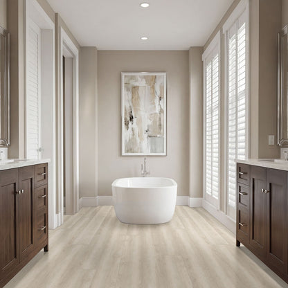 Shorecliffs Sunny Shake hybrid rigid core flooring installed in a bathroom