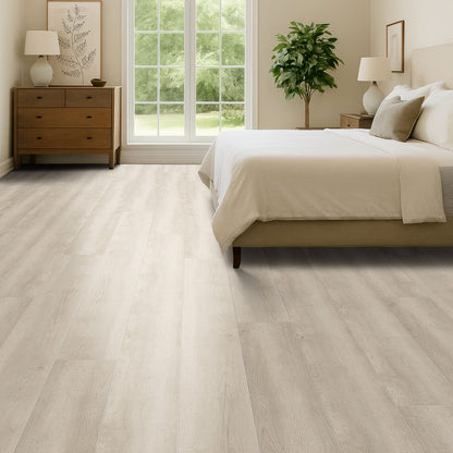 Shorecliffs Sunny Shake hybrid rigid core flooring installed in a bedroom