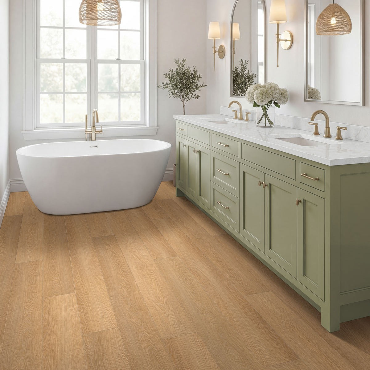 Shorecliffs Wallingford Blonde hybrid rigid core flooring installed in a bathroom