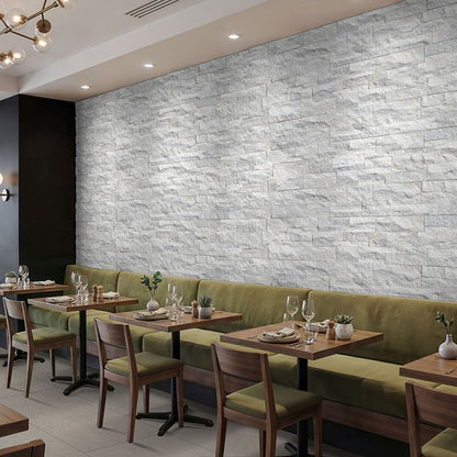 Sierra White Rockmount Stacked Stone Decorative Wall Panels shown installed in a finished outdoor or living space