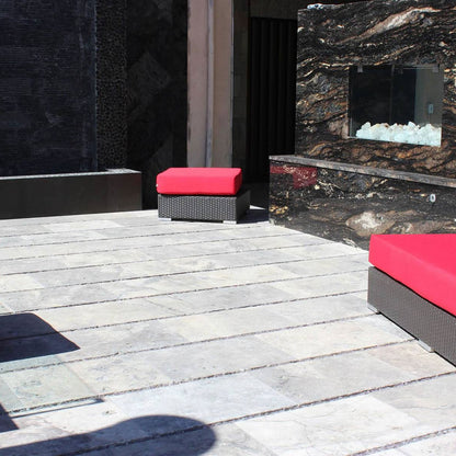 Silver Travertine Pavers shown installed in a finished outdoor or living space