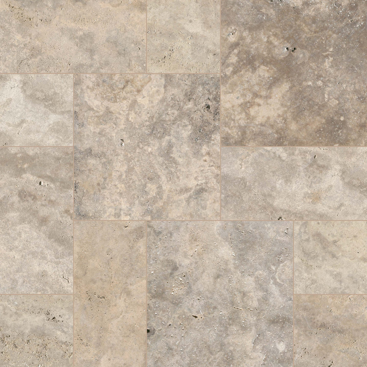 Silver Travertine natural stone pavers, close up product view showing color and texture