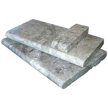 Silver Travertine natural stone pool coping, close up product view showing color and texture