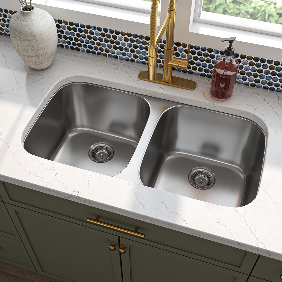 Single Cutout 32" x 18" 50/50 Stainless Steel Undermount Double Basin Kitchen Sink in Stainless Steel, installed in a room setting