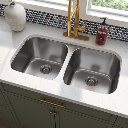 Single Cutout 32" x 18" 50/50 Stainless Steel Undermount Double Basin Kitchen Sink in Stainless Steel, installed in a room setting