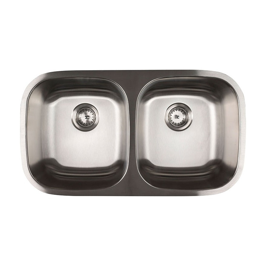 Single Cutout 32" x 18" 50/50 Stainless Steel Undermount Double Basin Kitchen Sink, Stainless Steel, top view on white