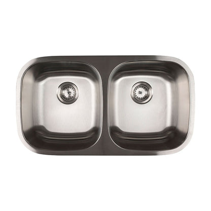 Single Cutout 32" x 18" 50/50 Stainless Steel Undermount Double Basin Kitchen Sink, Stainless Steel, top view on white