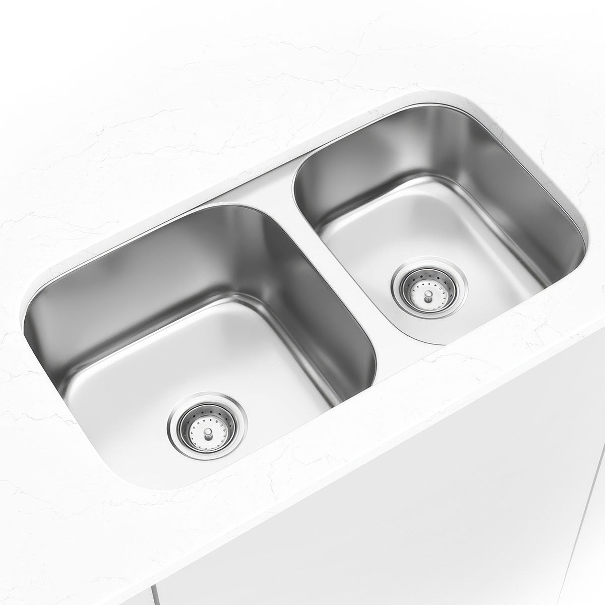 Single Cutout 32" x 18" 60/40 Stainless Steel Undermount Double Basin Kitchen Sink in Stainless Steel, installed close up