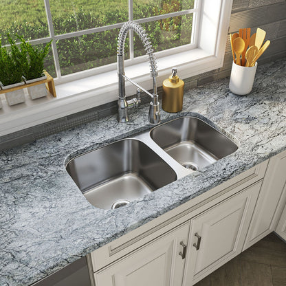 Single Cutout 32" x 18" 60/40 Stainless Steel Undermount Double Basin Kitchen Sink in Stainless Steel, installed in a room setting