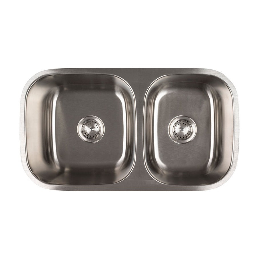 Single Cutout 32" x 18" 60/40 Stainless Steel Undermount Double Basin Kitchen Sink, Stainless Steel, top view on white