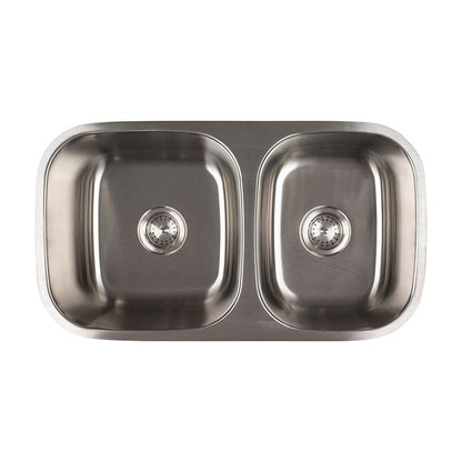 Single Cutout 32" x 18" 60/40 Stainless Steel Undermount Double Basin Kitchen Sink, Stainless Steel, top view on white