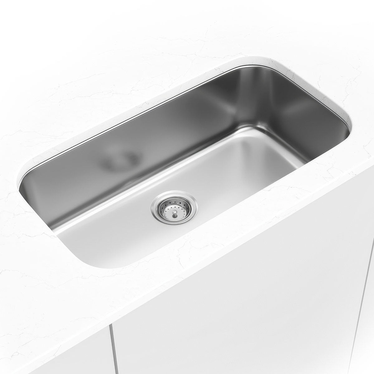 Single Cutout 32" x 18" Stainless Steel Undermount Kitchen Sink in Stainless Steel, installed close up