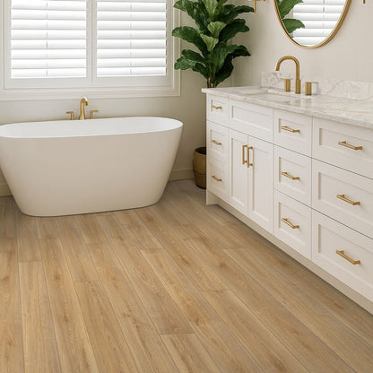 Smithcliffs Cloudland hybrid rigid core flooring installed in a bathroom