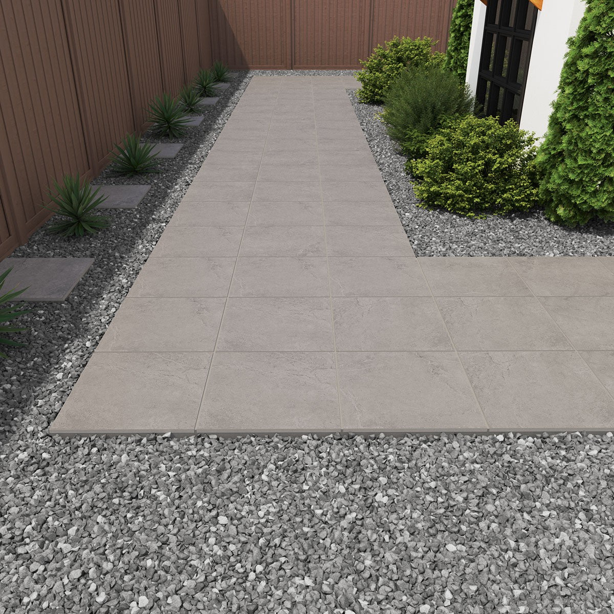 Soreno Grigio Arterra Porcelain Pavers shown installed in a finished outdoor or living space