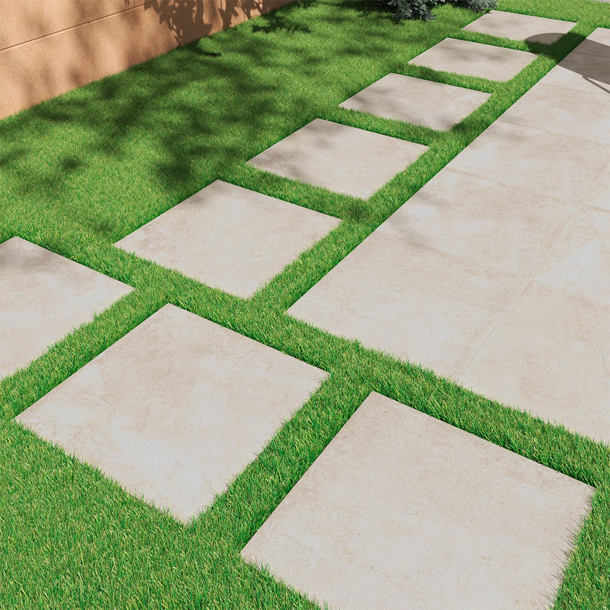 Soreno Ivory Arterra Porcelain Pavers shown installed in a finished outdoor or living space