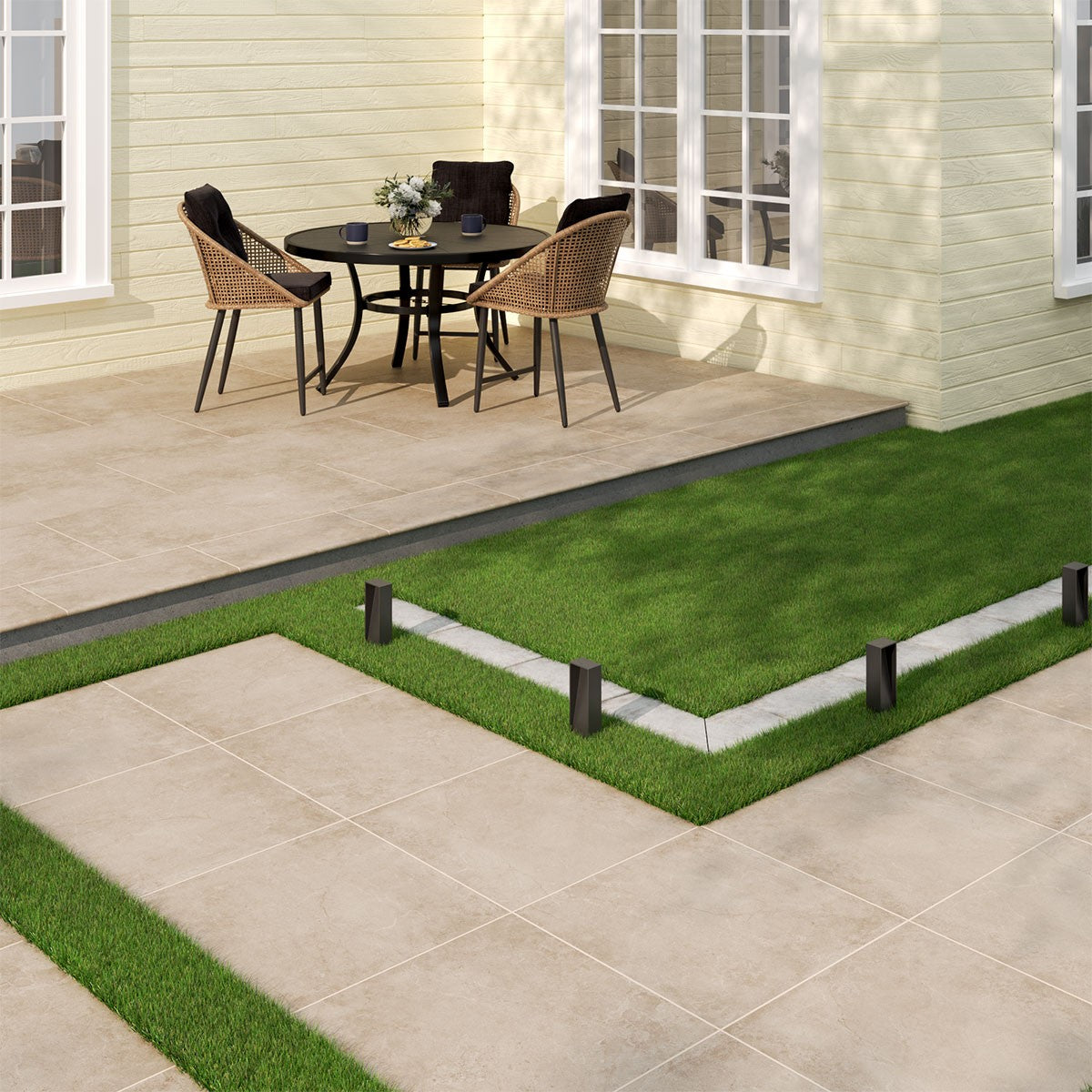 Soreno Taupe Arterra Porcelain Pavers shown installed in a finished outdoor or living space