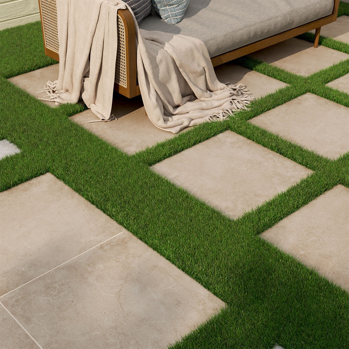 Soreno Taupe Arterra Porcelain Pavers shown installed in a finished outdoor or living space