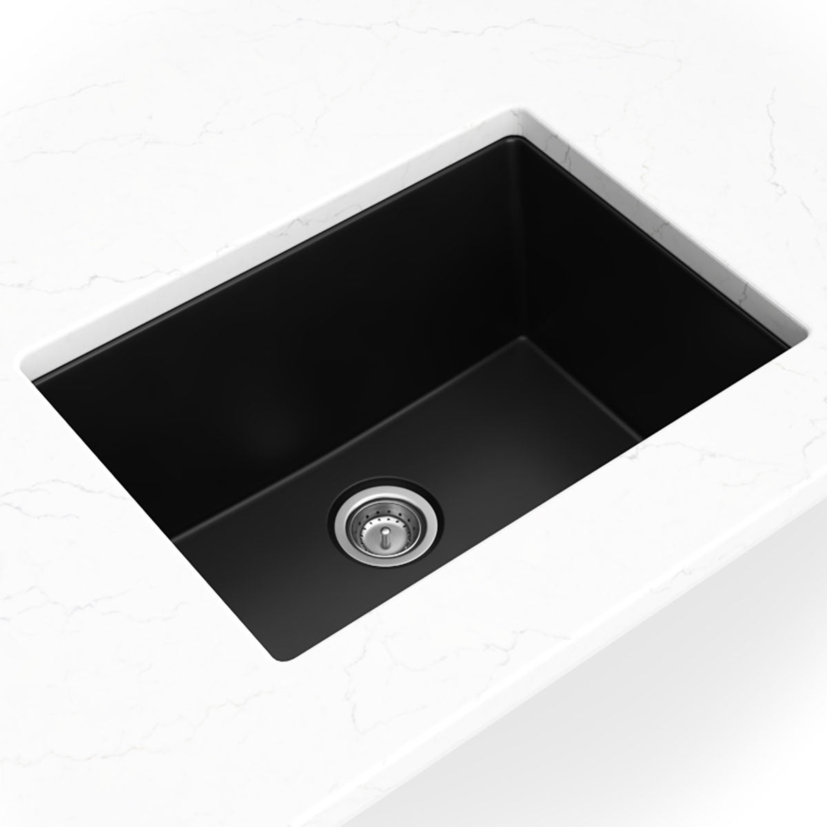 Straight 24" x 18" Quartz Composite Undermount Kitchen Sink in Black, installed close up