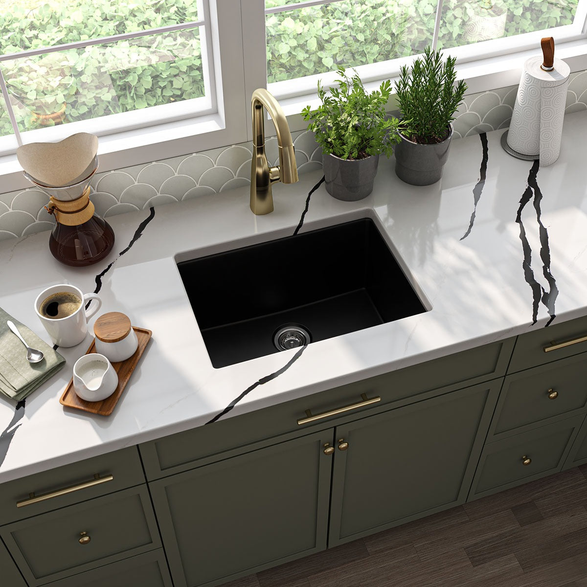 Straight 24" x 18" Quartz Composite Undermount Kitchen Sink in Black, installed in a room setting
