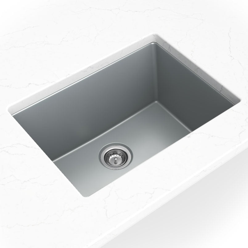 Straight 24" x 18" Quartz Composite Undermount Kitchen Sink in Gray, installed close up