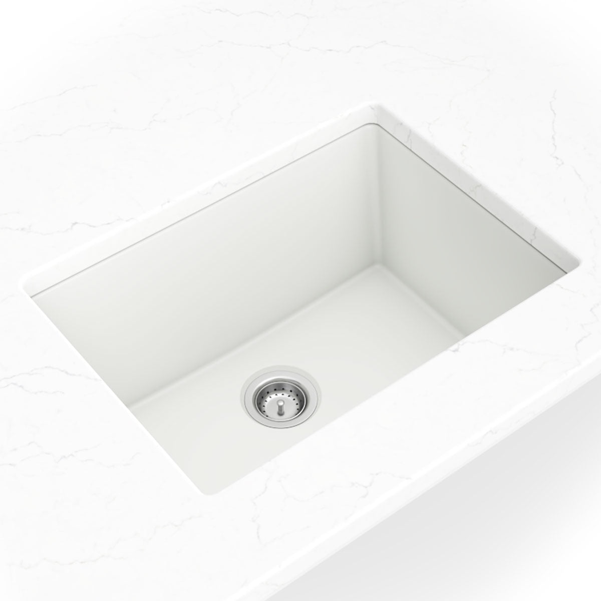 Straight 24" x 18" Quartz Composite Undermount Kitchen Sink in White, installed close up