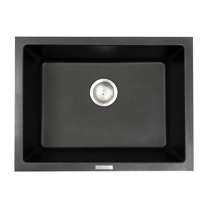 Straight 24" x 18" Quartz Composite Undermount Kitchen Sink, Black, top view on white