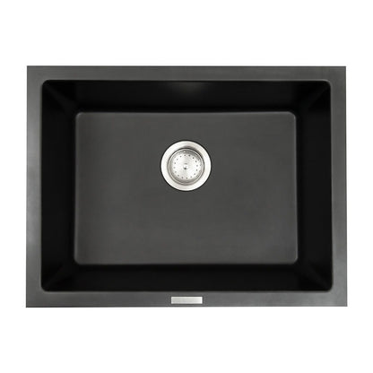 Straight 24" x 18" Quartz Composite Undermount Kitchen Sink, Black, top view on white