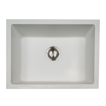 Straight 24" x 18" Quartz Composite Undermount Kitchen Sink, White, top view on white