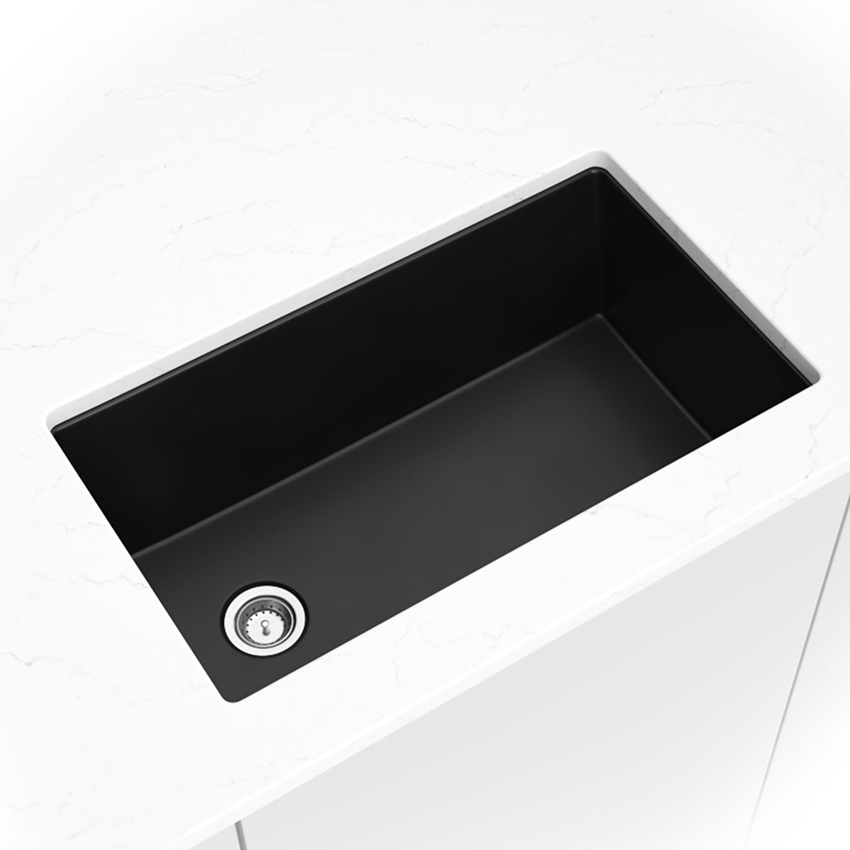 Straight 32" x 20" Quartz Composite Undermount Kitchen Sink in Black, installed close up