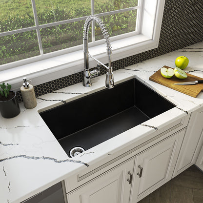 Straight 32" x 20" Quartz Composite Undermount Kitchen Sink in Black, installed in a room setting