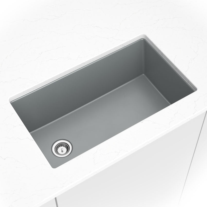 Straight 32" x 20" Quartz Composite Undermount Kitchen Sink in Gray, installed close up