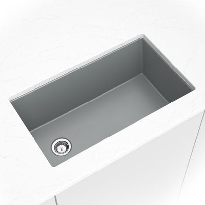 Straight 32" x 20" Quartz Composite Undermount Kitchen Sink in Gray, installed close up