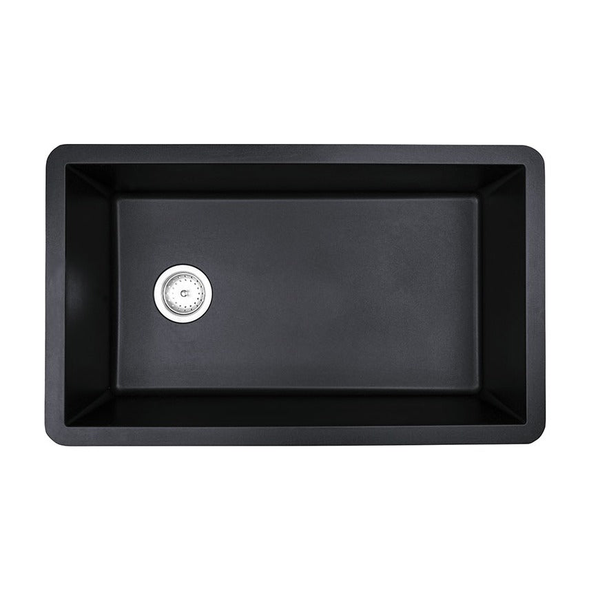 Straight 32" x 20" Quartz Composite Undermount Kitchen Sink, Black, top view on white