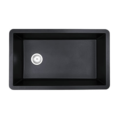 Straight 32" x 20" Quartz Composite Undermount Kitchen Sink, Black, top view on white