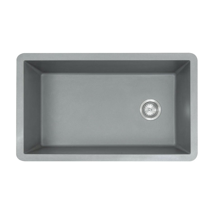 Straight 32" x 20" Quartz Composite Undermount Kitchen Sink, Gray, top view on white