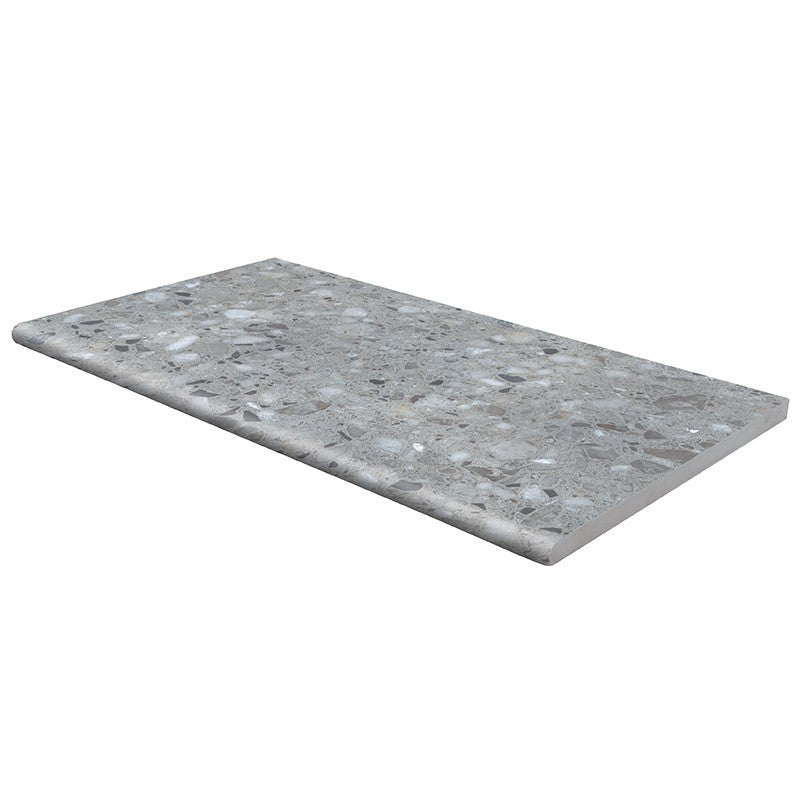 Terrazo Gris porcelain pool coping, close up product view showing color and texture