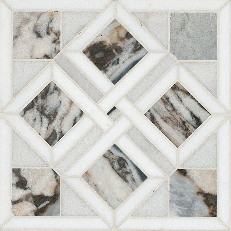 Tessere Pattern Marble Mosaic in polished finish, close up sheet view