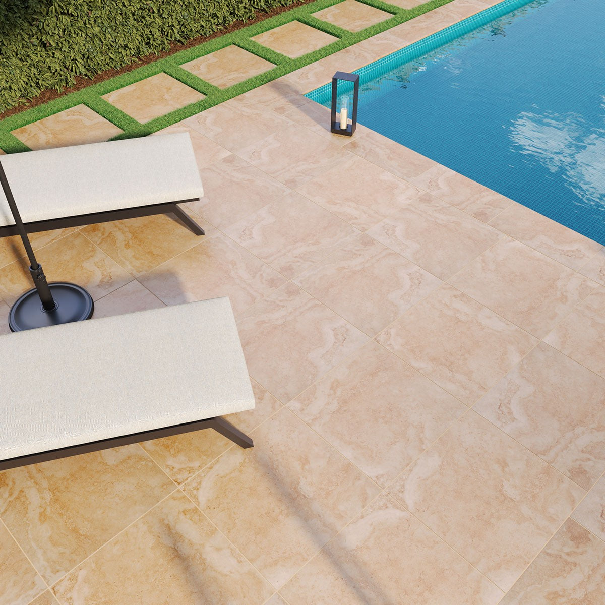 Tierra Beige Arterra Porcelain Pavers shown installed in a finished outdoor or living space