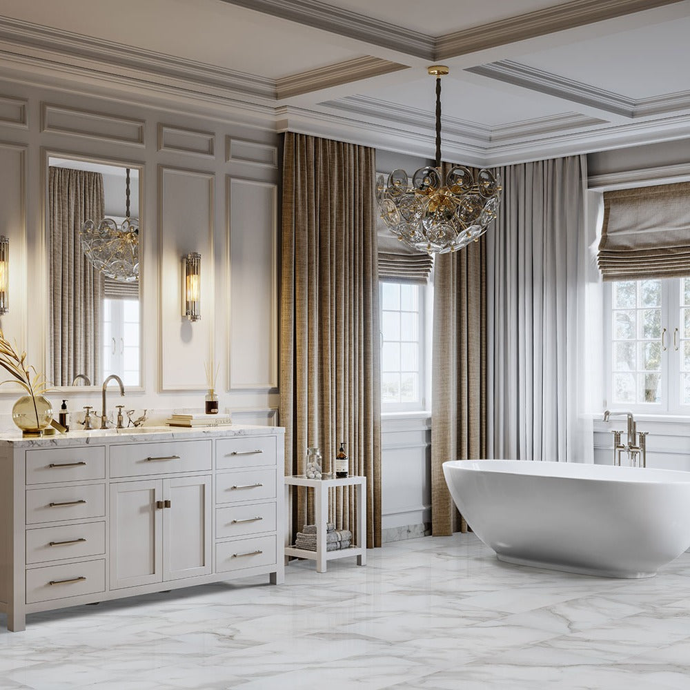 Trecento Calacatta Venosa Gold SPC rigid core vinyl flooring installed in a bathroom