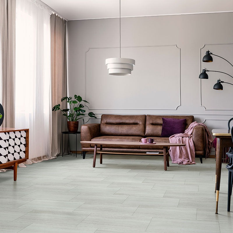Trecento White Ocean SPC rigid core vinyl flooring shown in a furnished room