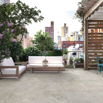 Trevi Silver Arterra Porcelain Pavers shown installed in a finished outdoor or living space