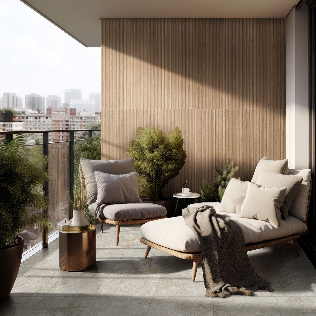 Trevi Silver Arterra Porcelain Pavers shown installed in a finished outdoor or living space