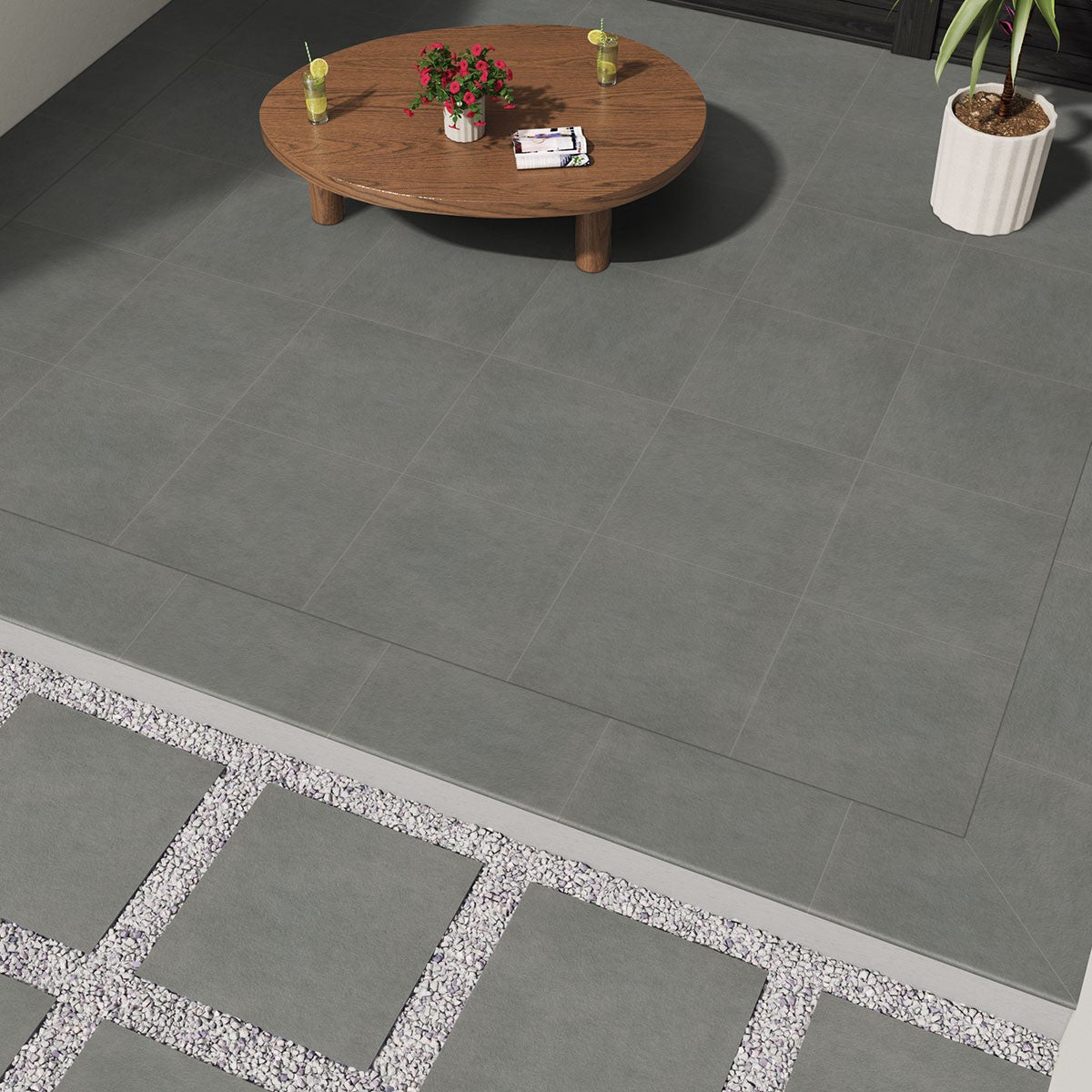 True Bluestone Arterra Porcelain Pavers shown installed in a finished outdoor or living space