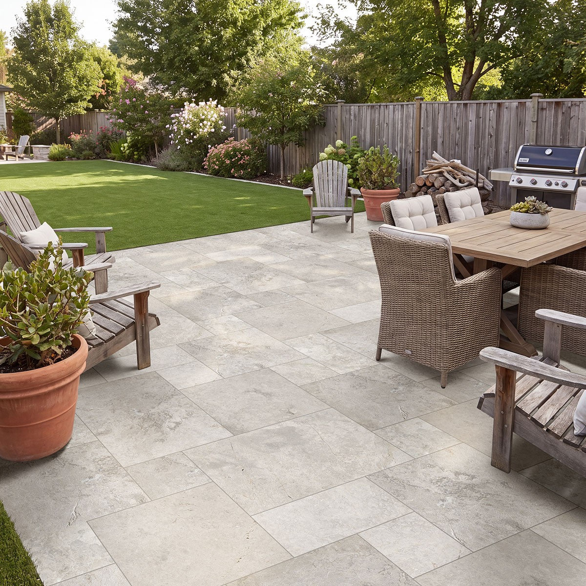 Tundra Gray Marble Pavers shown installed in a finished outdoor or living space
