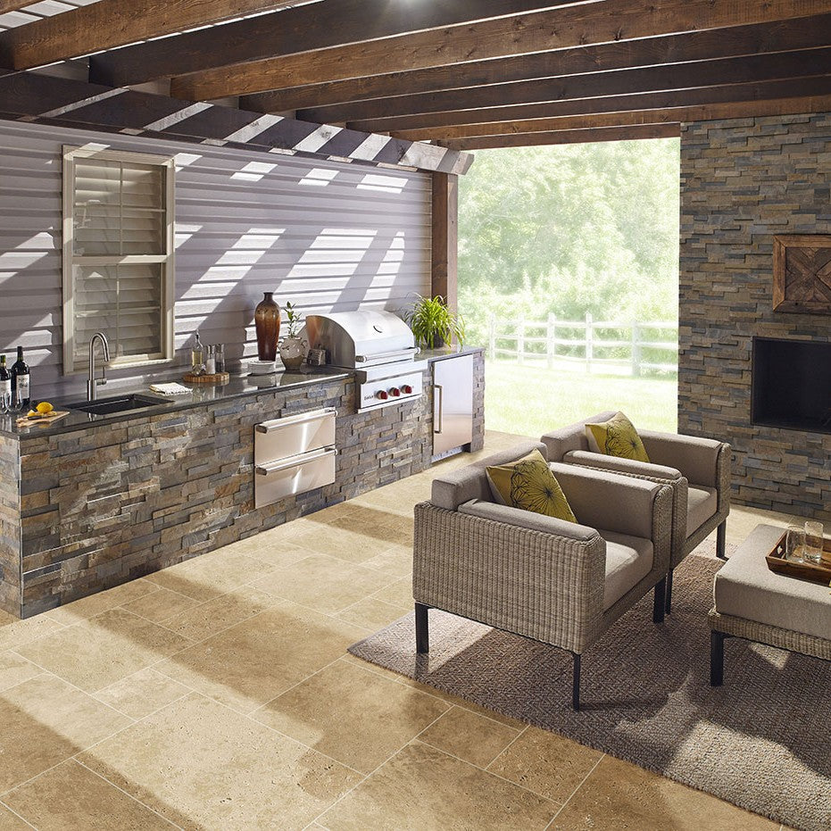 Tuscany Beige Travertine Pavers shown installed in a finished outdoor or living space