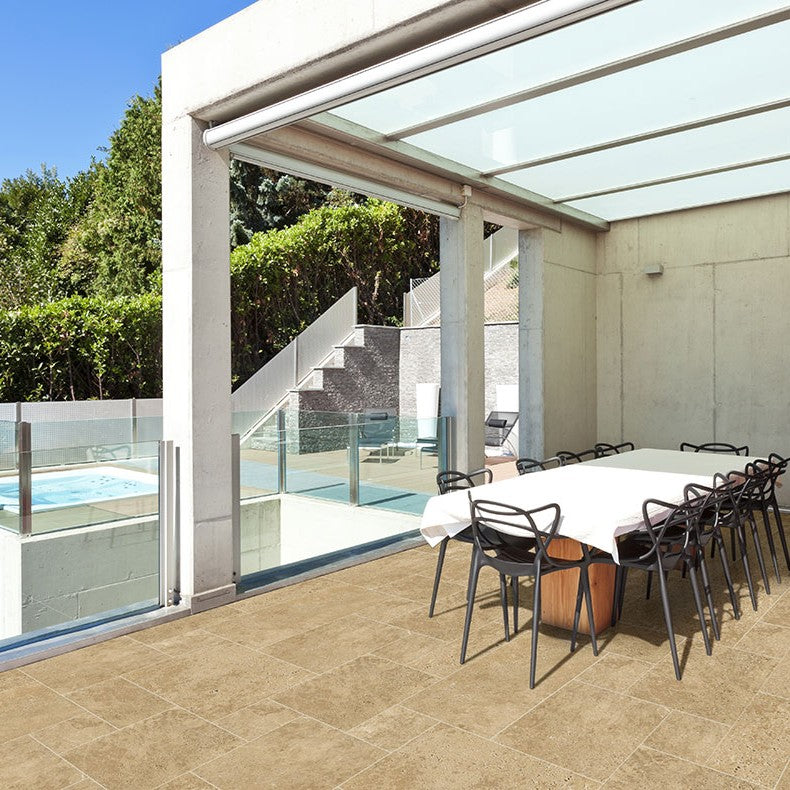 Tuscany Beige Travertine Pavers shown installed in a finished outdoor or living space