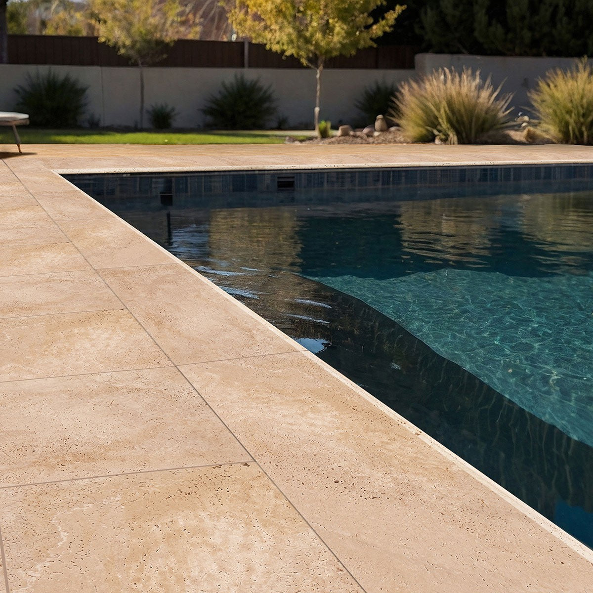 Tuscany Ivory Travertine Pavers shown installed in a finished outdoor or living space