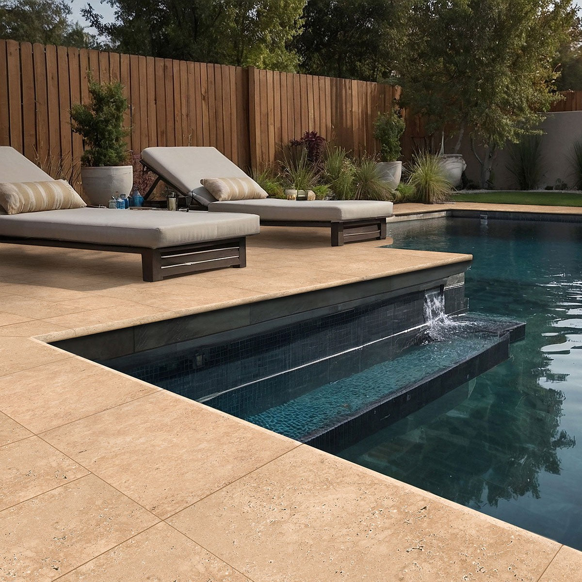 Tuscany Ivory Travertine Pavers shown installed in a finished outdoor or living space