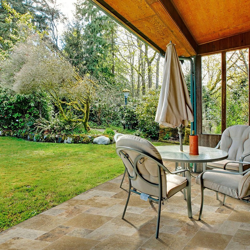 Tuscany Porcini Travertine Pavers shown installed in a finished outdoor or living space