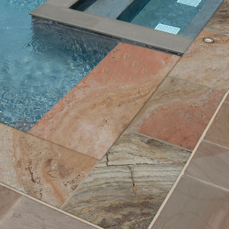 Tuscany Porcini Travertine Pool Coping shown installed in a finished outdoor or living space